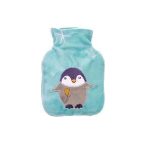 0.2 Litre Luxury Mini Hot Water Bottle with Ice Blue Penguin Plush Velour Cover (rubberless)