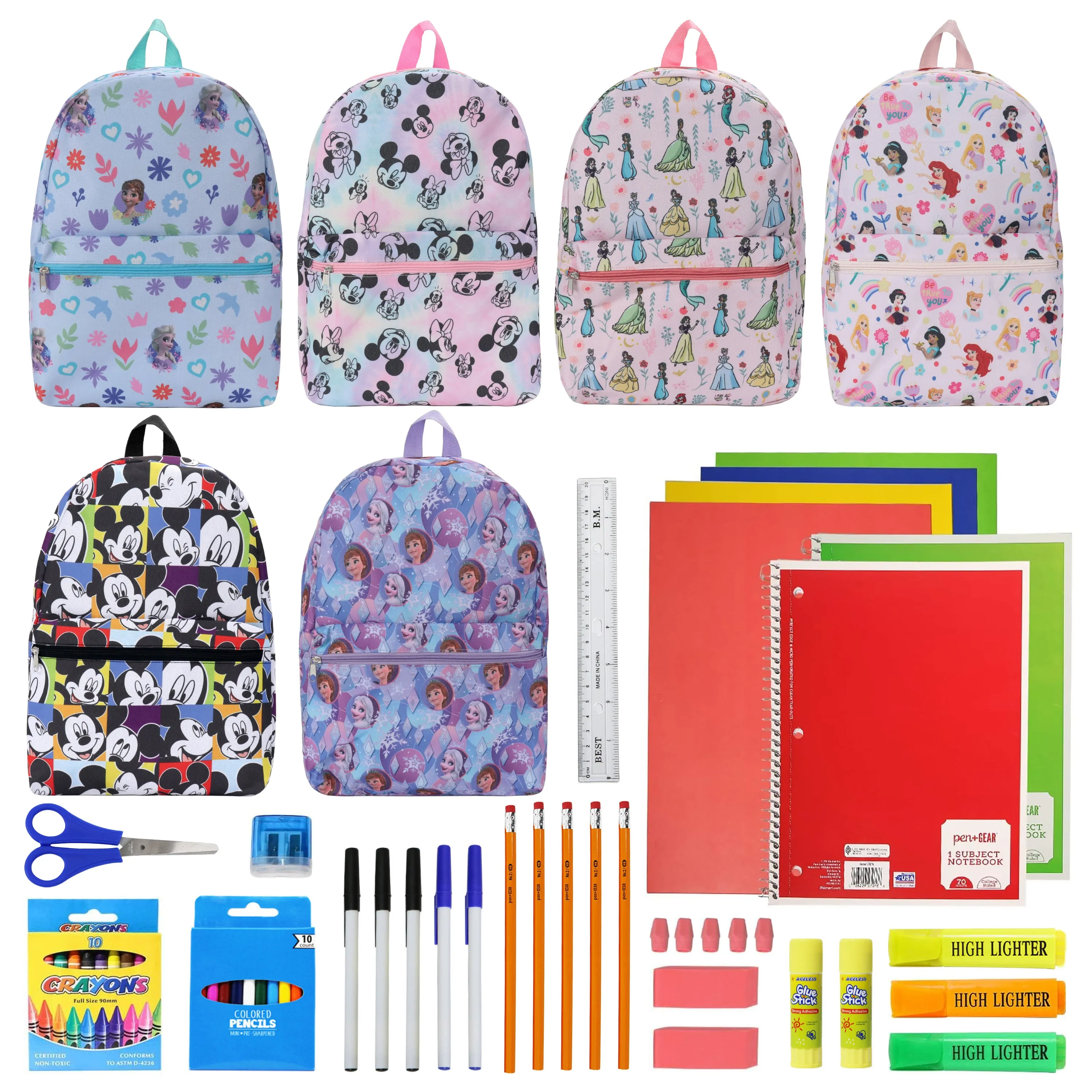 12 Bulk 17" Kids Backpacks in Assorted Prints & 12 Wholesale School Supply Kits of Your Choice