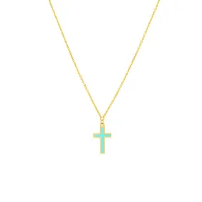 14K Yellow Gold Lt.Turquoise Cross Adjustable Necklace