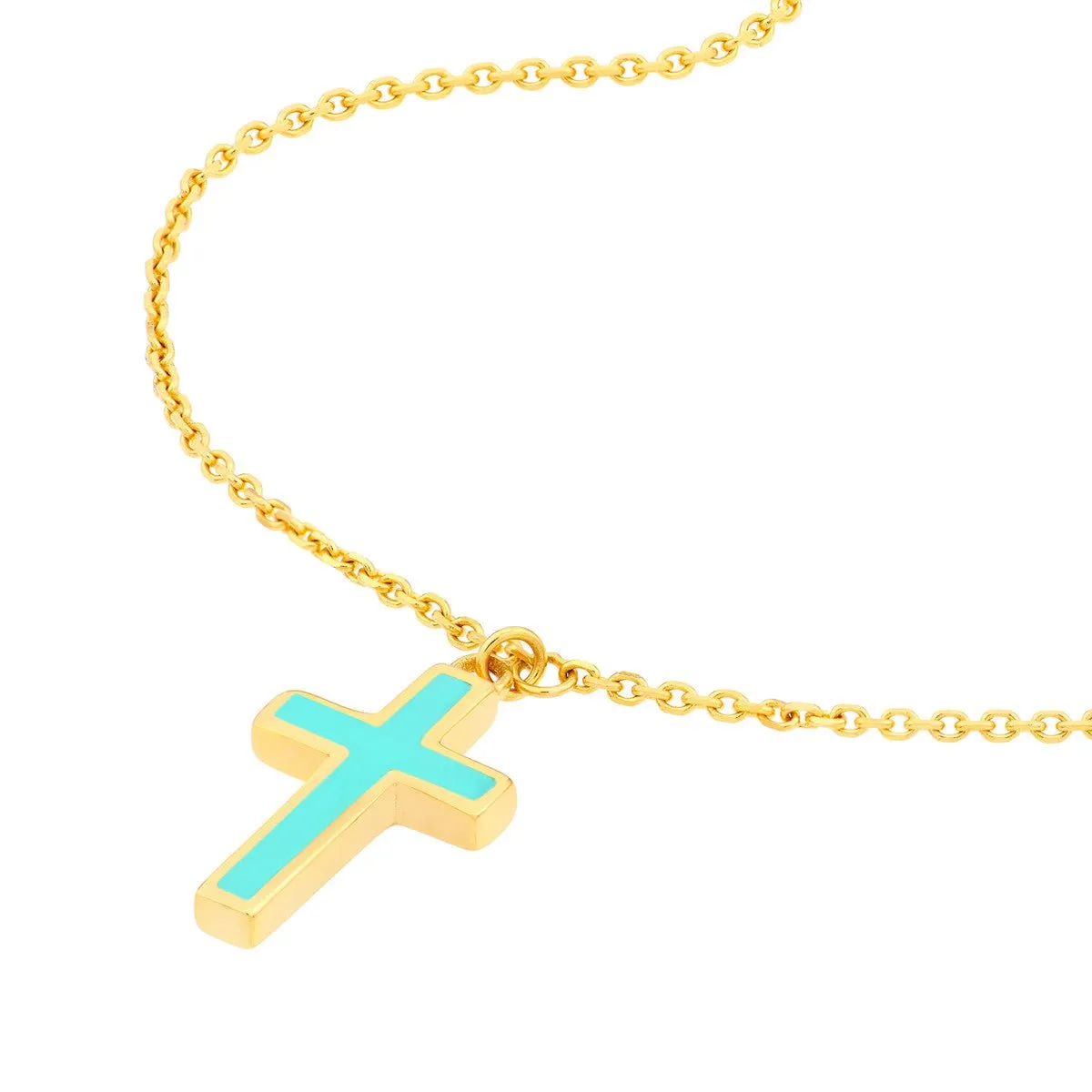 14K Yellow Gold Lt.Turquoise Cross Adjustable Necklace