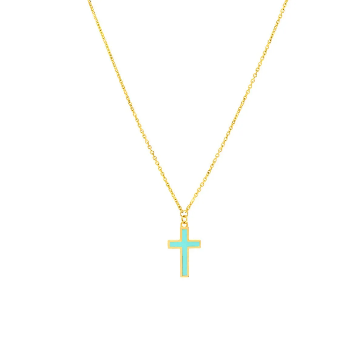 14K Yellow Gold Lt.Turquoise Cross Adjustable Necklace