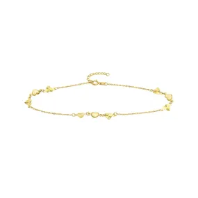 14K Yellow Gold Polished and Fluted Hearts Adjustable Anklet