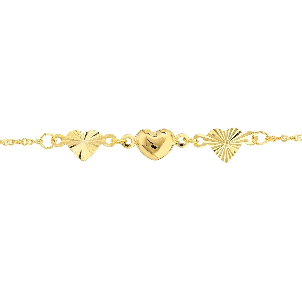 14K Yellow Gold Polished and Fluted Hearts Adjustable Anklet