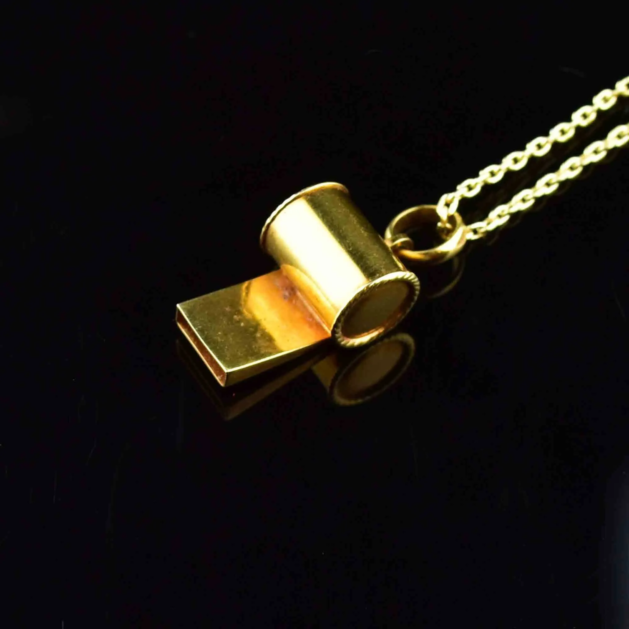 18K Solid Gold Working Whistle Pendant Necklace