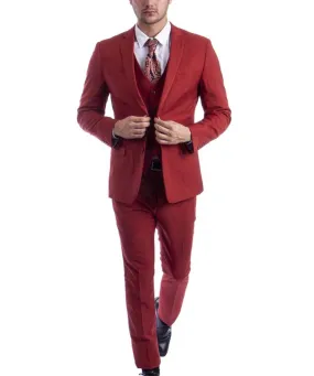 3 piece Brick Red Slim Fit Men's Suit with Vest Set