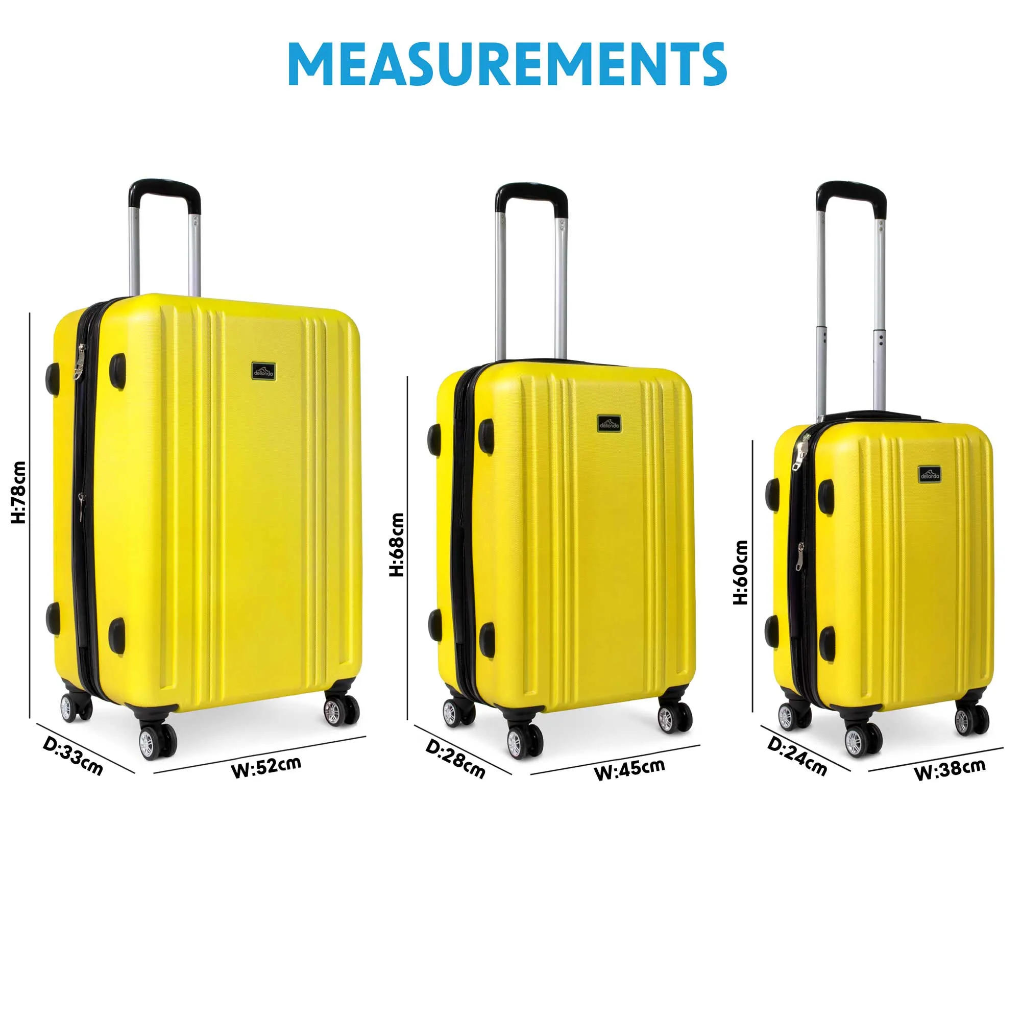 3 Piece Lightweight Luggage Suitcase Trolley Set ABS TSA Lock - Yellow - DL124