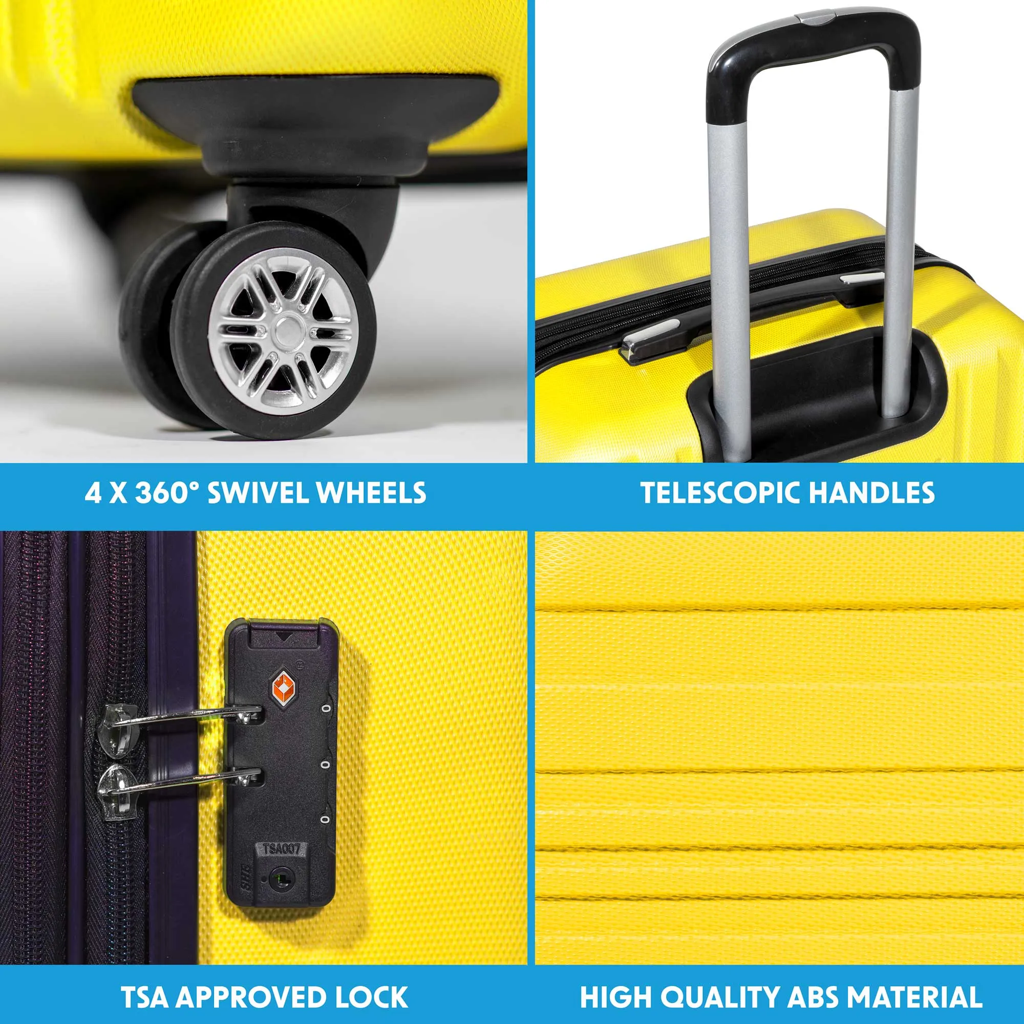 3 Piece Lightweight Luggage Suitcase Trolley Set ABS TSA Lock - Yellow - DL124