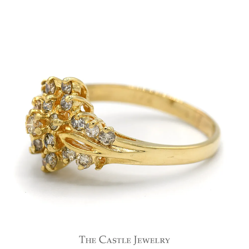 3/4cttw Flower Shaped Diamond Cluster Ring with Split Shank Sides in 14k Yellow Gold