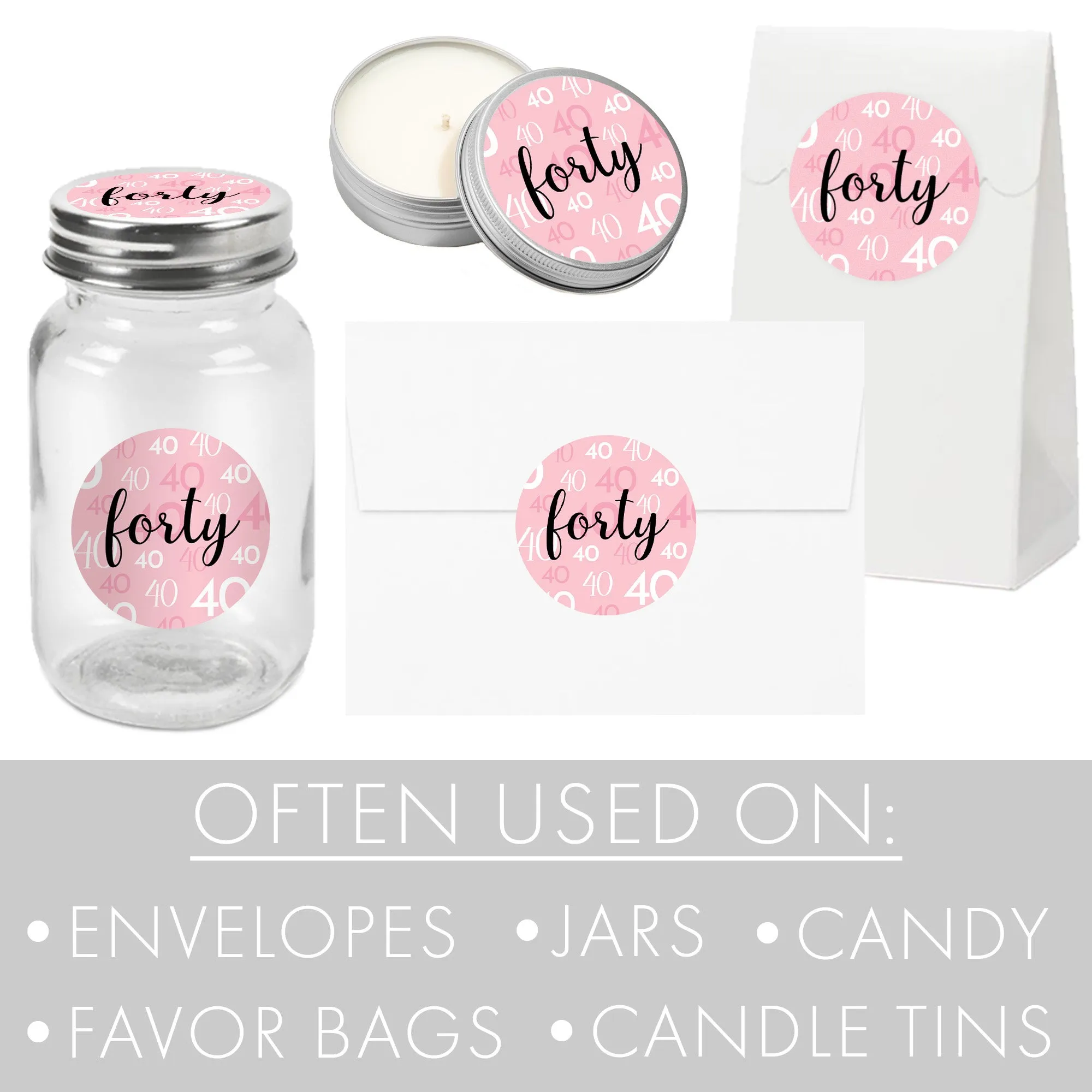 40th Birthday: Pink and Black - Adult Birthday - Round Favor Stickers - 40 Stickers