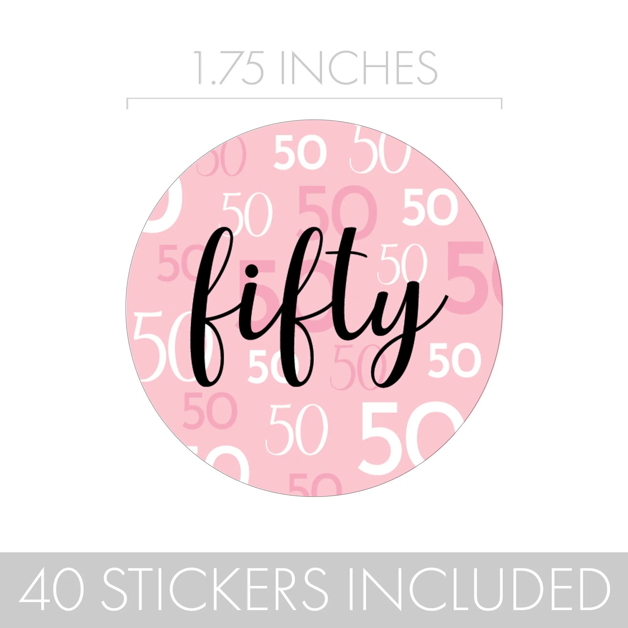 50th Birthday: Pink and Black - Adult Birthday -  Round Favor Stickers - 40 Stickers