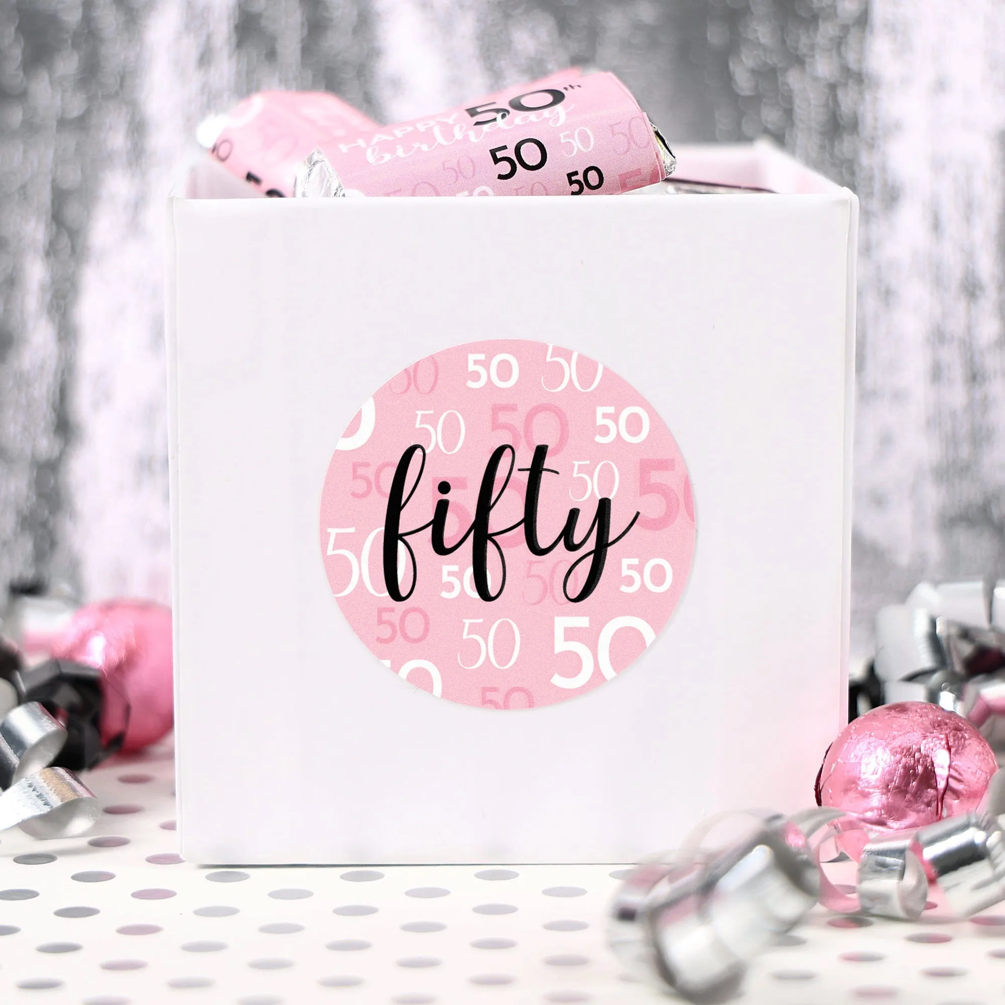 50th Birthday: Pink and Black - Adult Birthday -  Round Favor Stickers - 40 Stickers