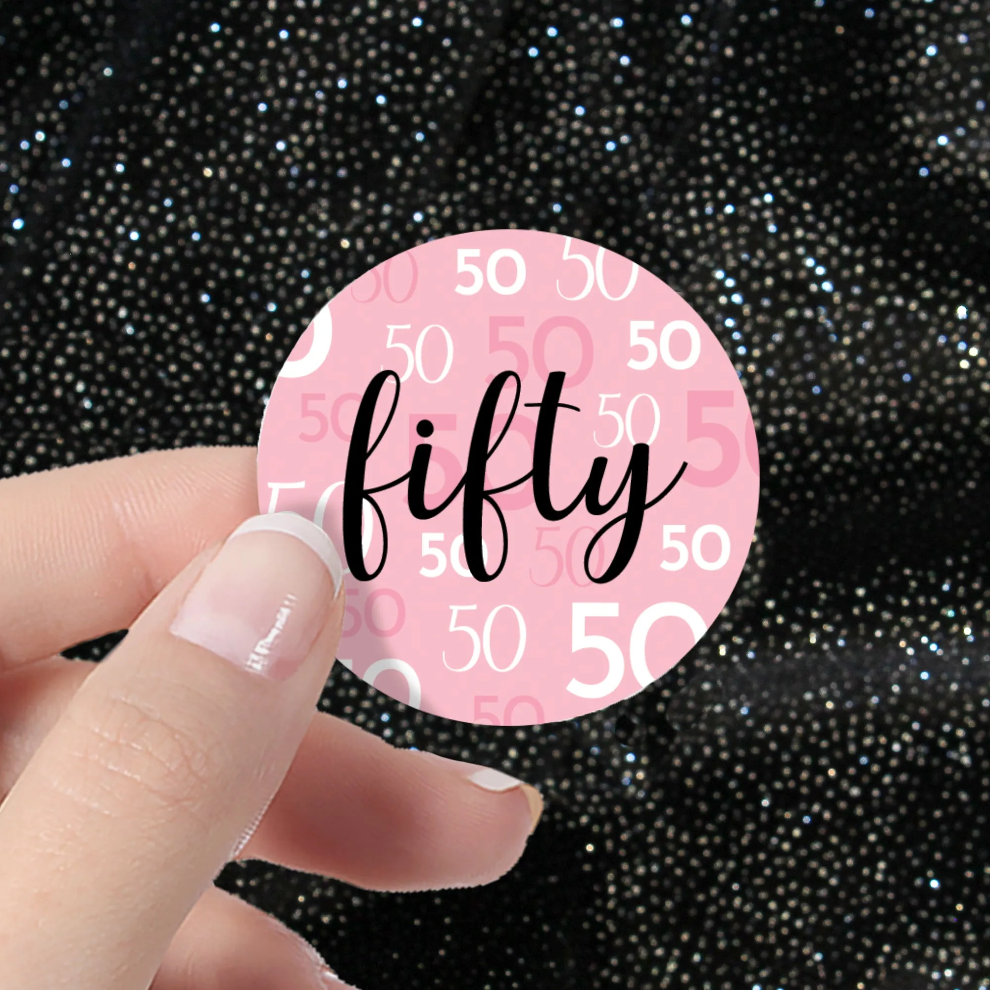 50th Birthday: Pink and Black - Adult Birthday -  Round Favor Stickers - 40 Stickers