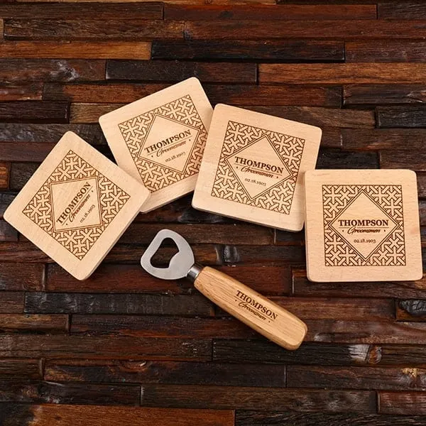 5pc Bottle Opener & Wood Coaster Groomsmen Gift Set Idea