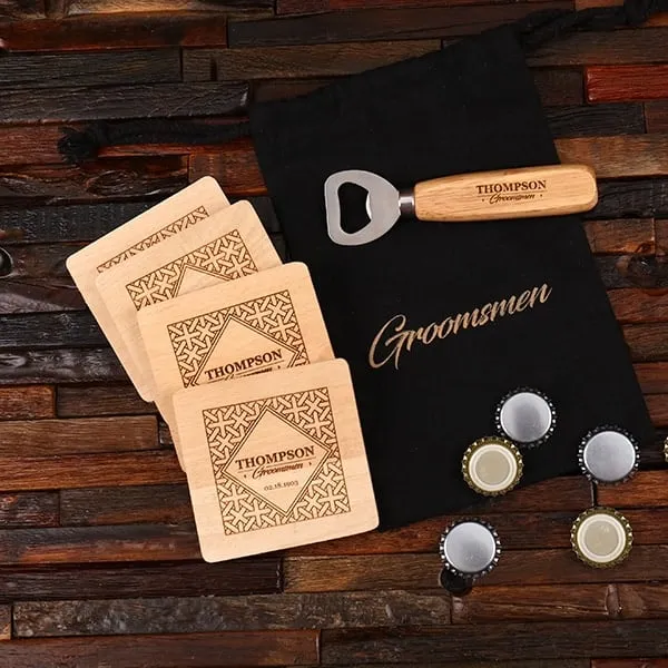 5pc Bottle Opener & Wood Coaster Groomsmen Gift Set Idea