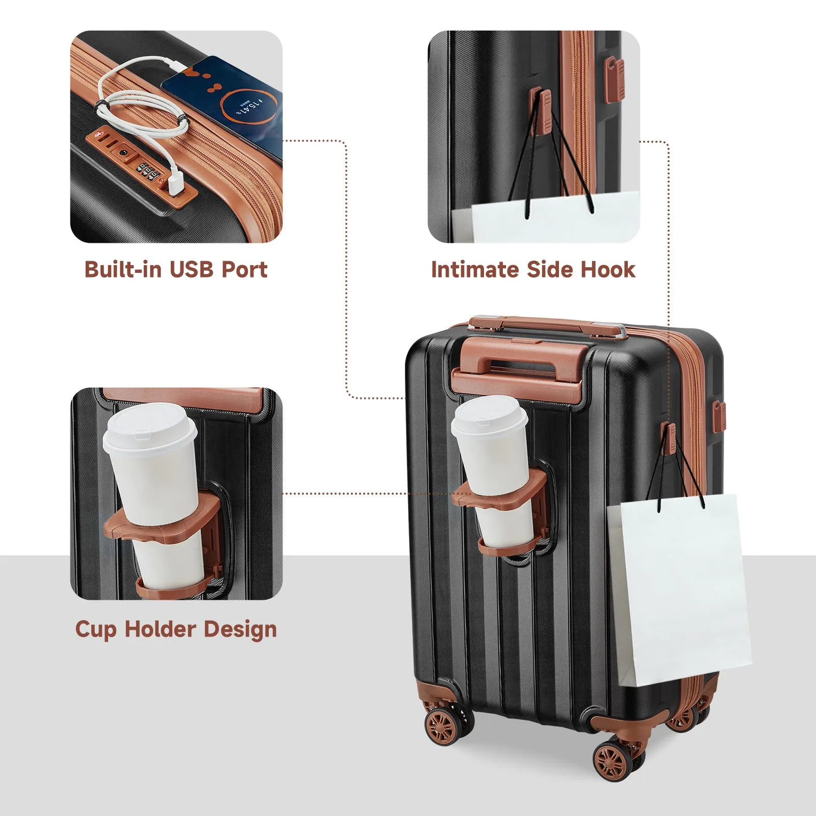 6 Pieces Set 18/20/24/28 INCH Carry On Luggage Set TR007 Plus with Cup Holder and USB Port