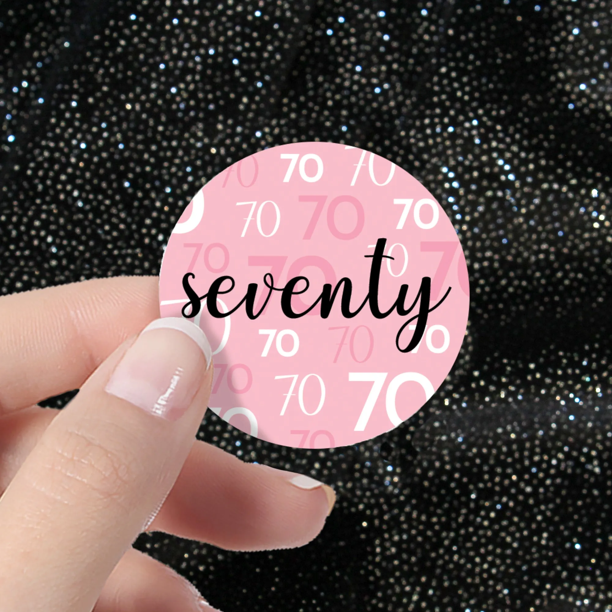 70th Birthday: Pink and Black - Adult Birthday -  Round Favor Stickers - 40 Stickers