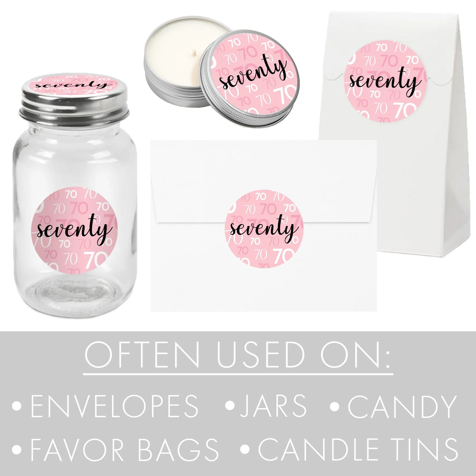 70th Birthday: Pink and Black - Adult Birthday -  Round Favor Stickers - 40 Stickers