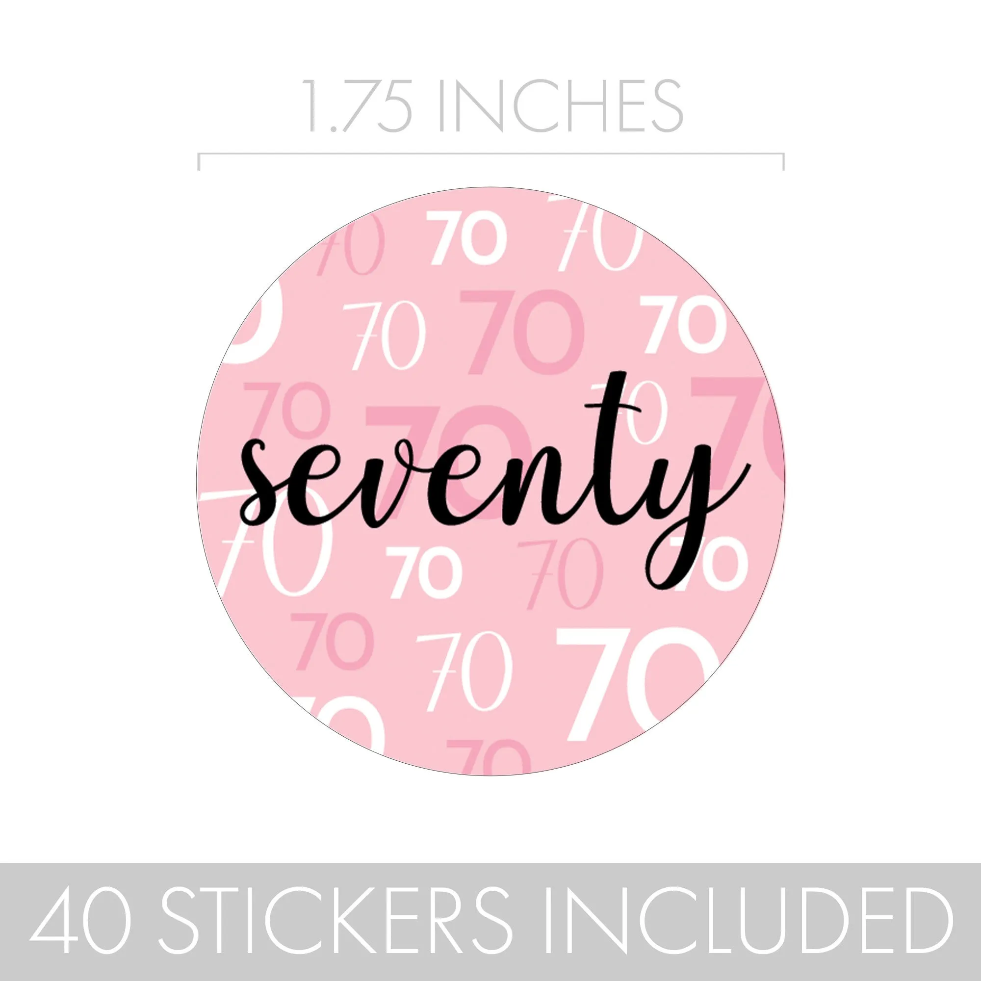 70th Birthday: Pink and Black - Adult Birthday -  Round Favor Stickers - 40 Stickers