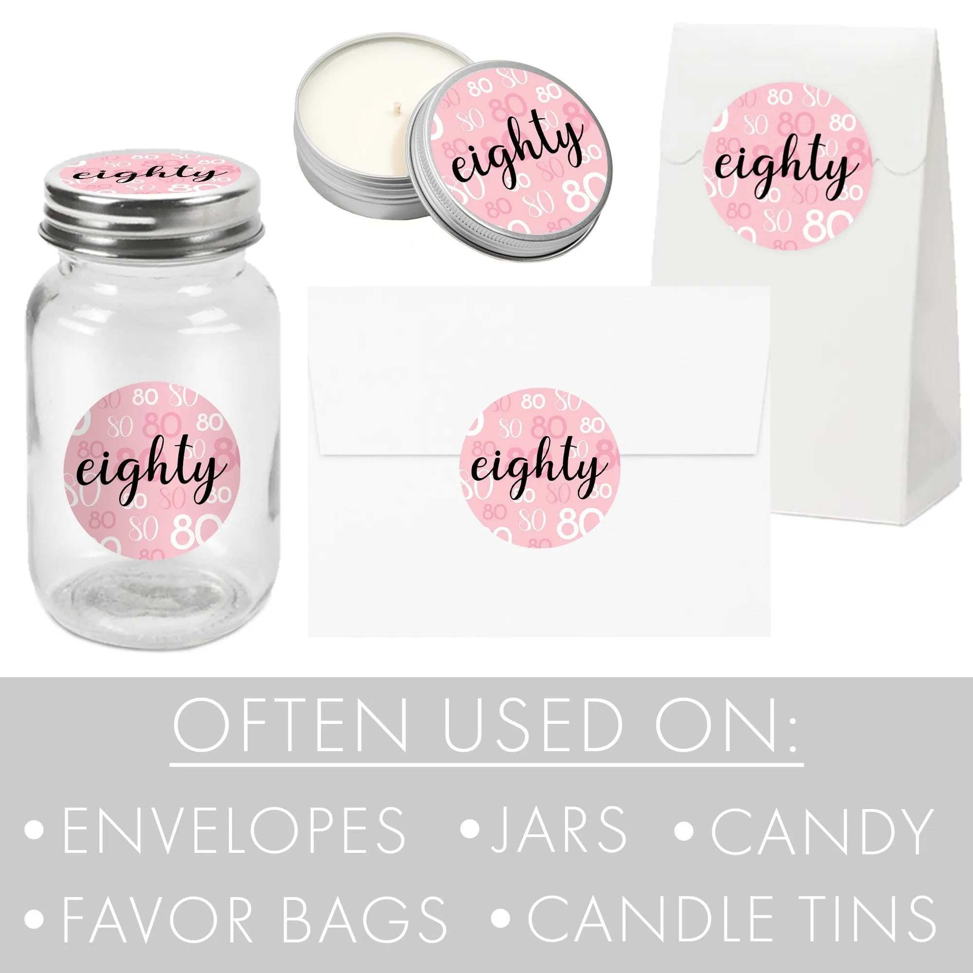 80th Birthday: Pink and Black - Adult Birthday - Round Favor Stickers - 40 Stickers