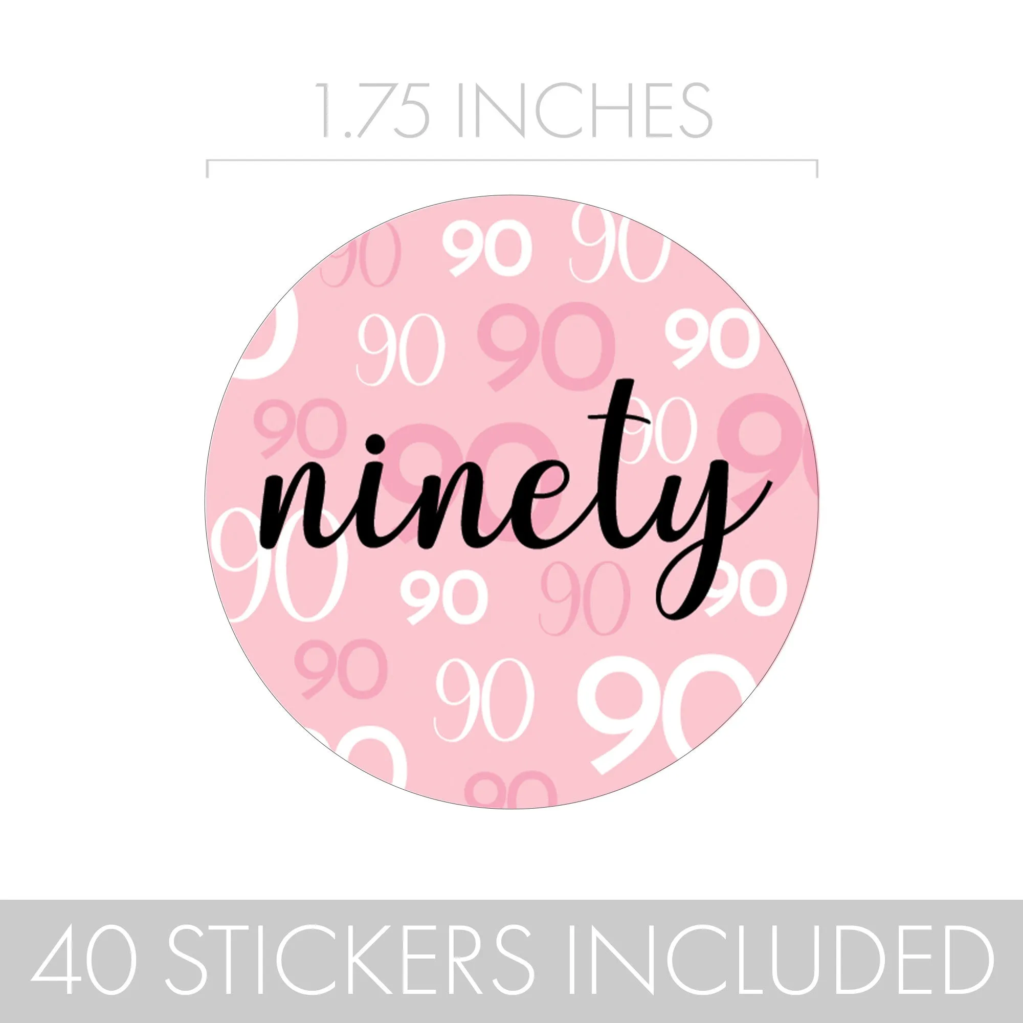 90th Birthday: Pink and Black - Adult Birthday -  Round Favor Stickers - 40 Stickers