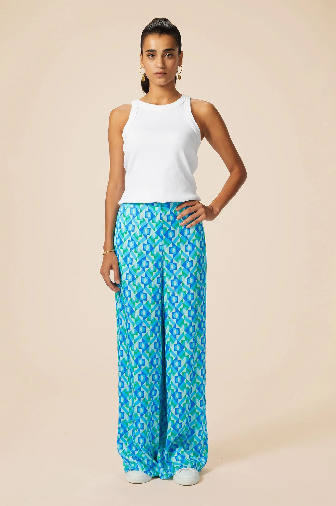 Alvia Satin Trouser | Tropical Geo Navy/Turquoise