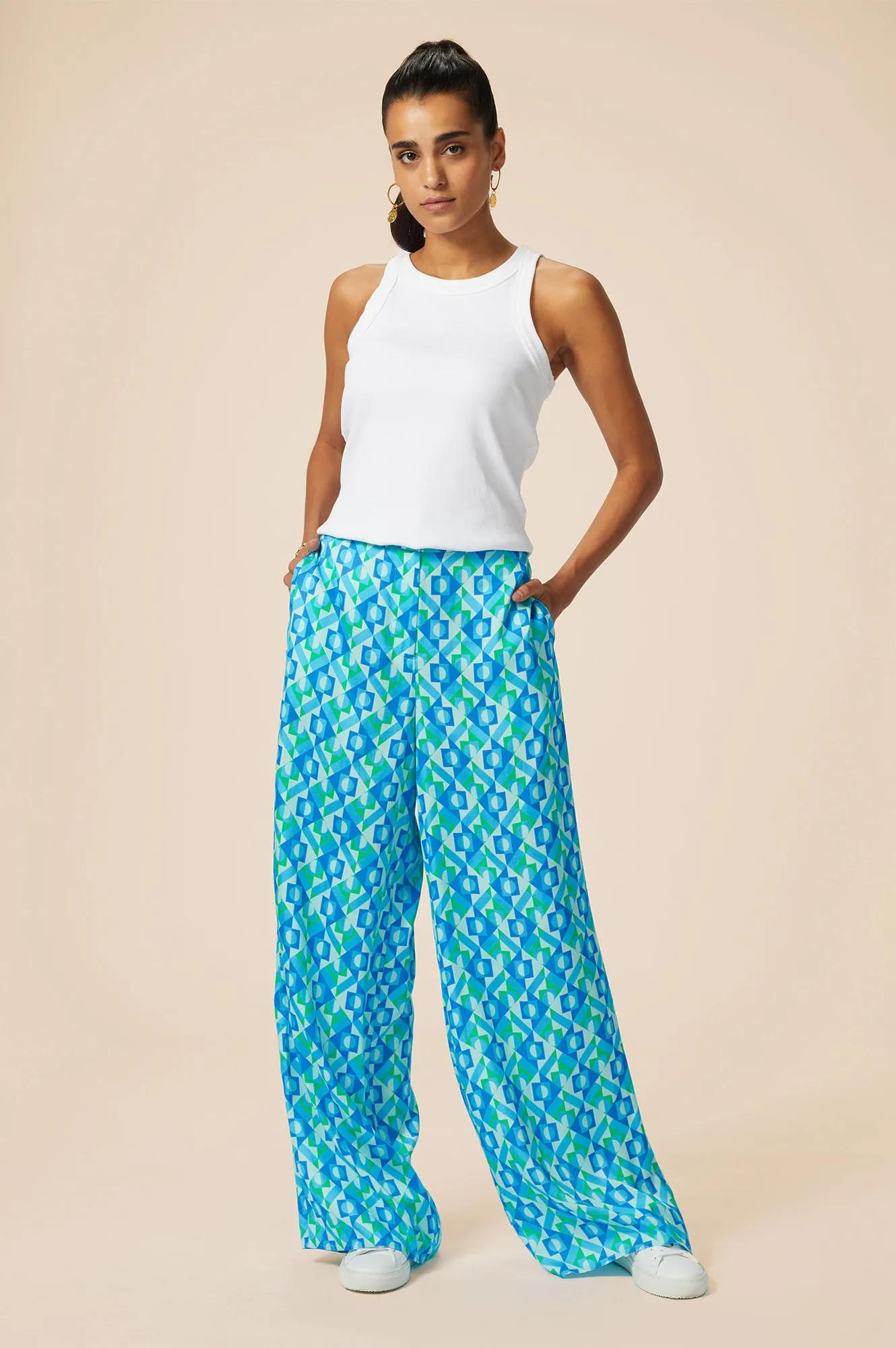 Alvia Satin Trouser | Tropical Geo Navy/Turquoise