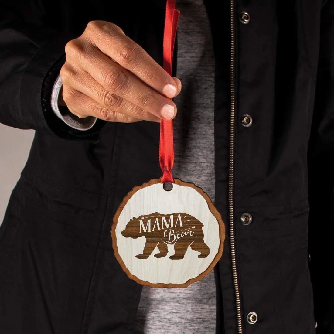 Andaz Press Real Wood Rustic Christmas Ornament, Engraved Wood Slab, Mama Bear