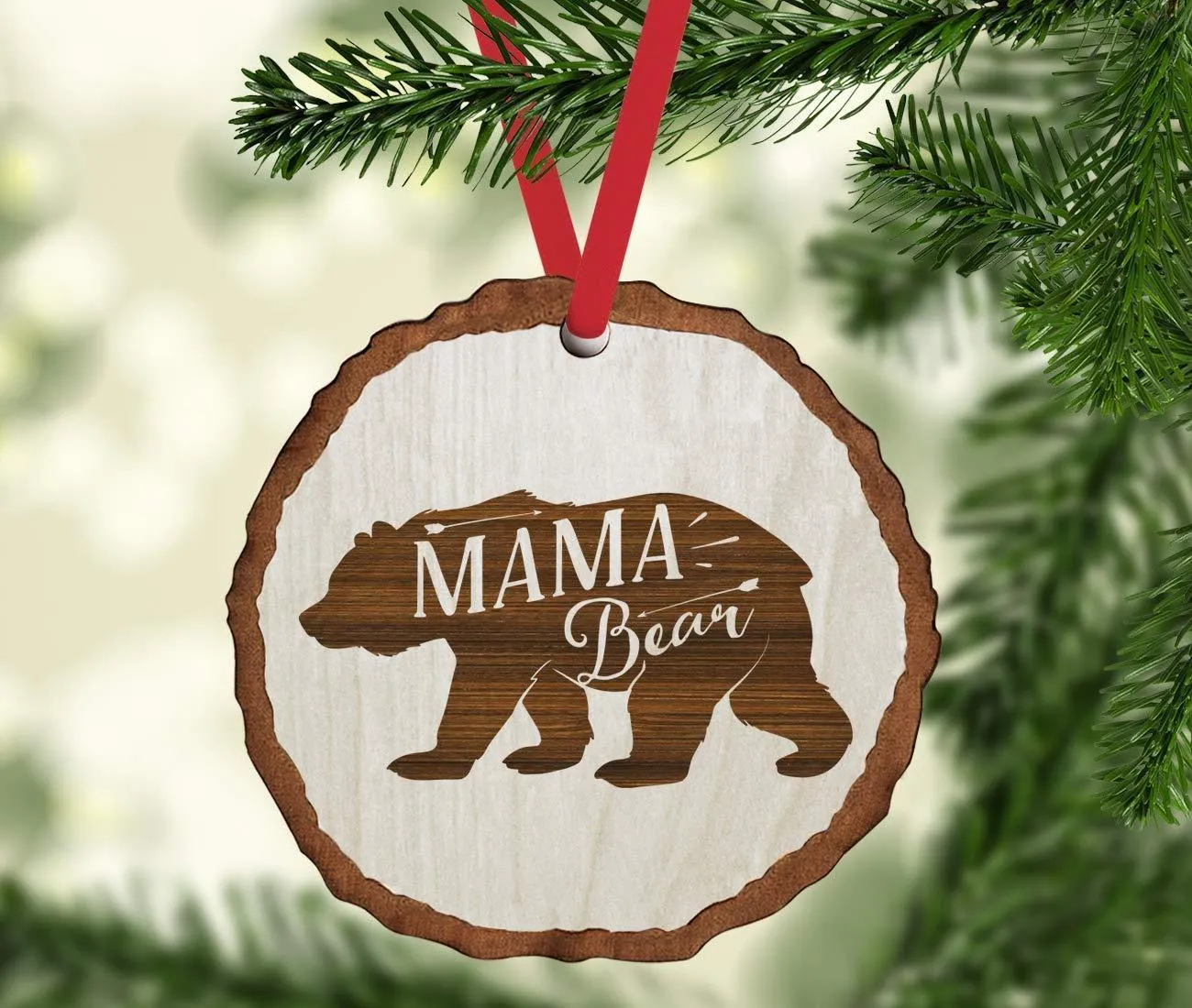 Andaz Press Real Wood Rustic Christmas Ornament, Engraved Wood Slab, Mama Bear