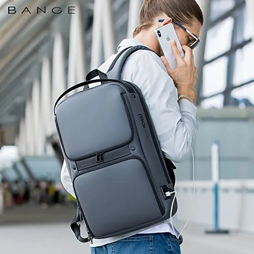 BANGE Water Resistant Anti-Theft Unisex Travel Laptop Backpack with USB Charging Port (Grey)