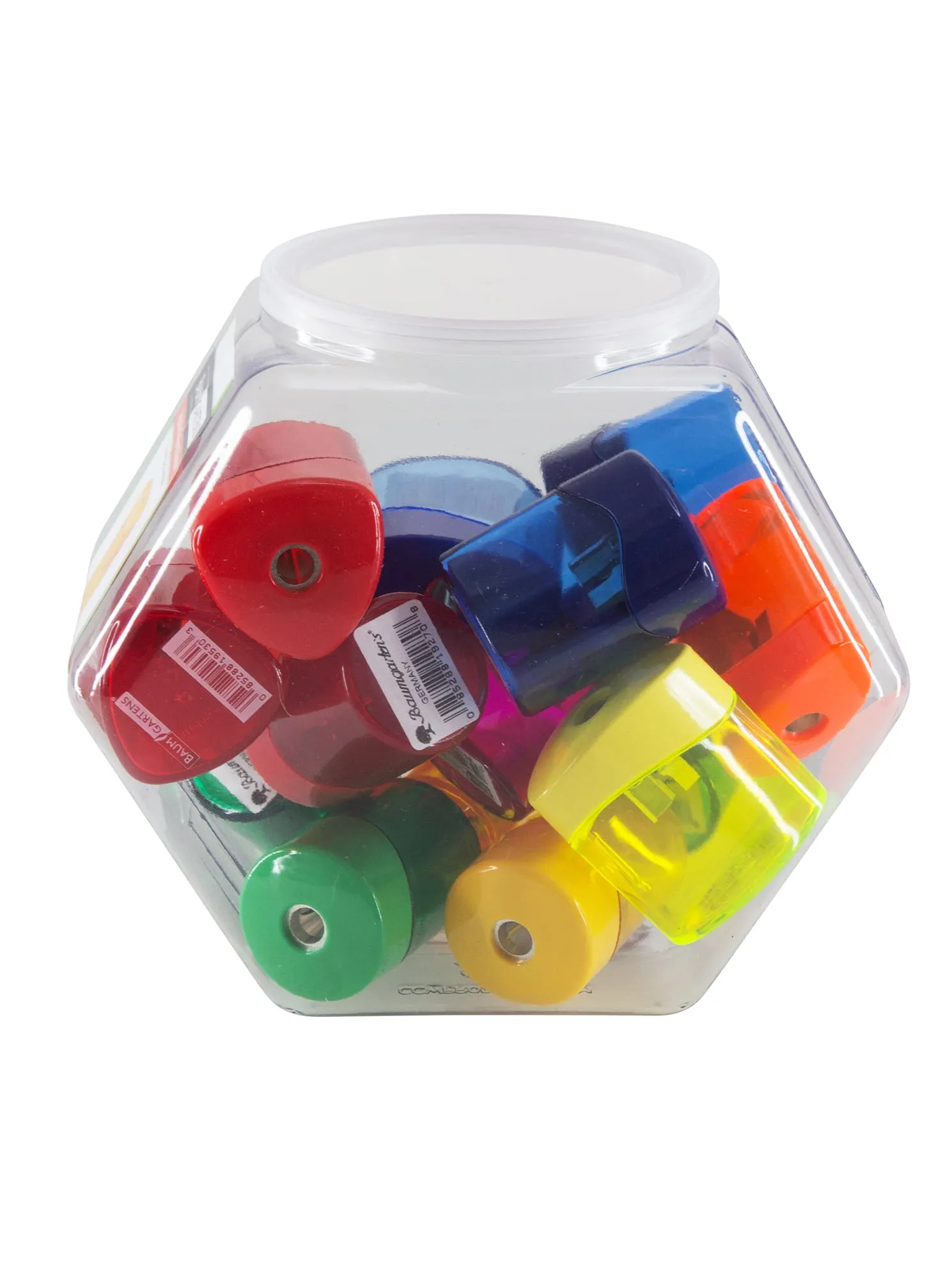 Baumgartens Pencil Sharpeners Geo Rondo Single Hole Hexagonal Tub Display of 18 ASSORTED Colors (19309)