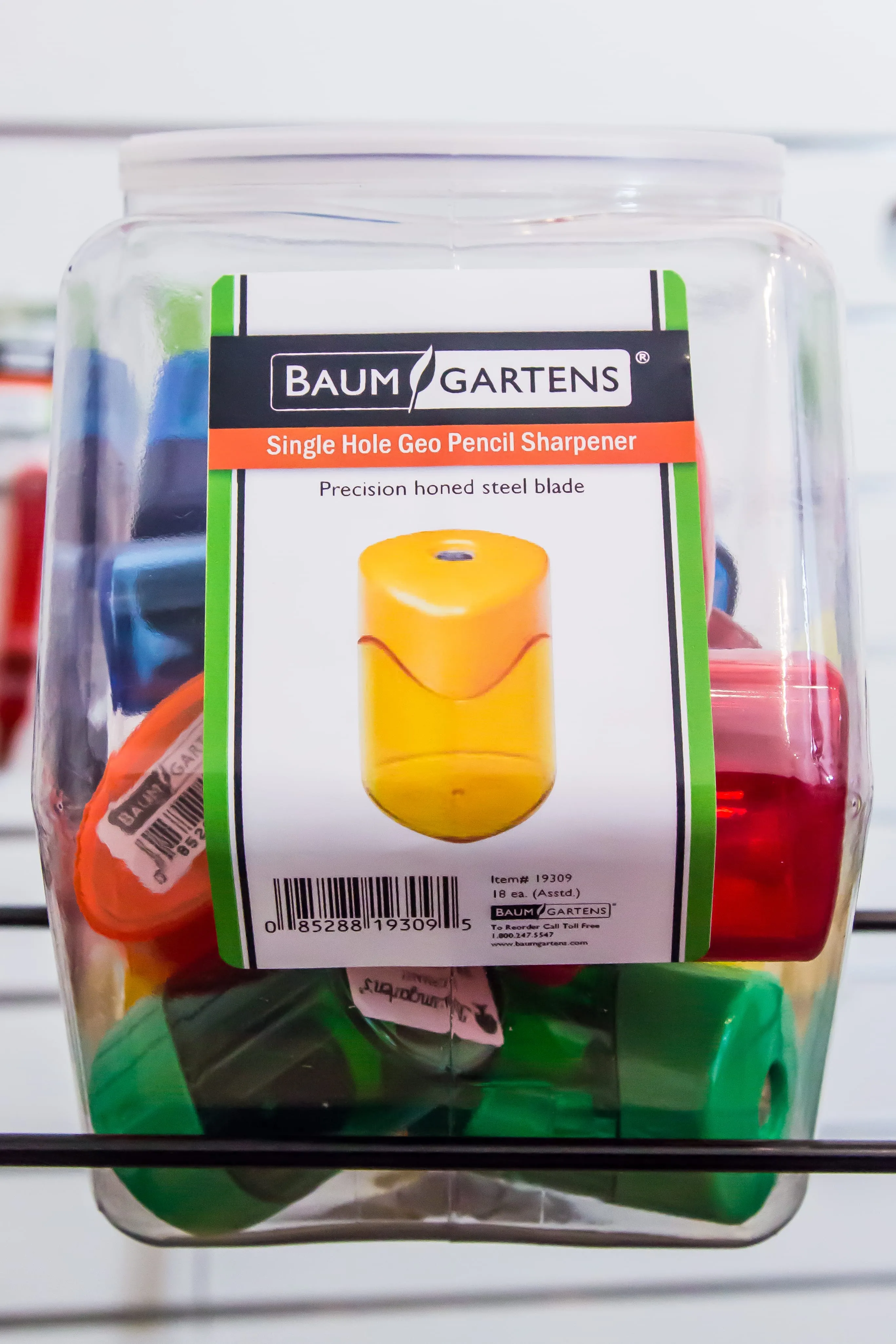 Baumgartens Pencil Sharpeners Geo Rondo Single Hole Hexagonal Tub Display of 18 ASSORTED Colors (19309)