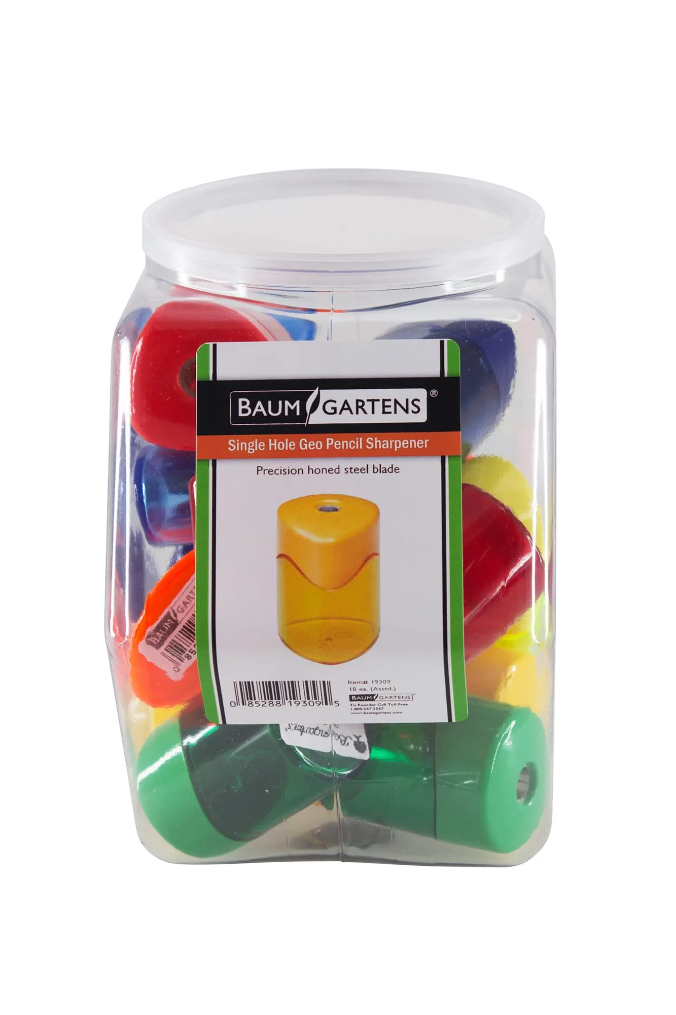 Baumgartens Pencil Sharpeners Geo Rondo Single Hole Hexagonal Tub Display of 18 ASSORTED Colors (19309)