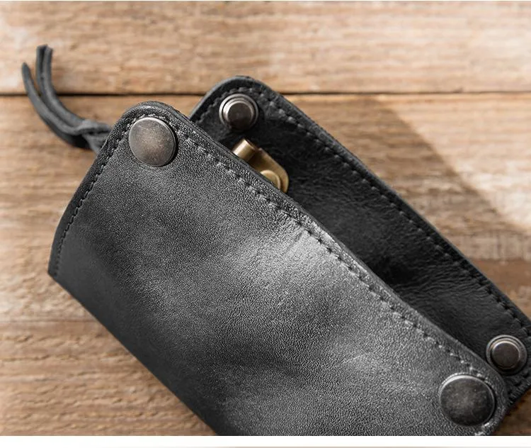 Black Handmade Leather Mens Small Car Key Wallet Dark Brown Key Holder Coin Purse Card Holder For Men