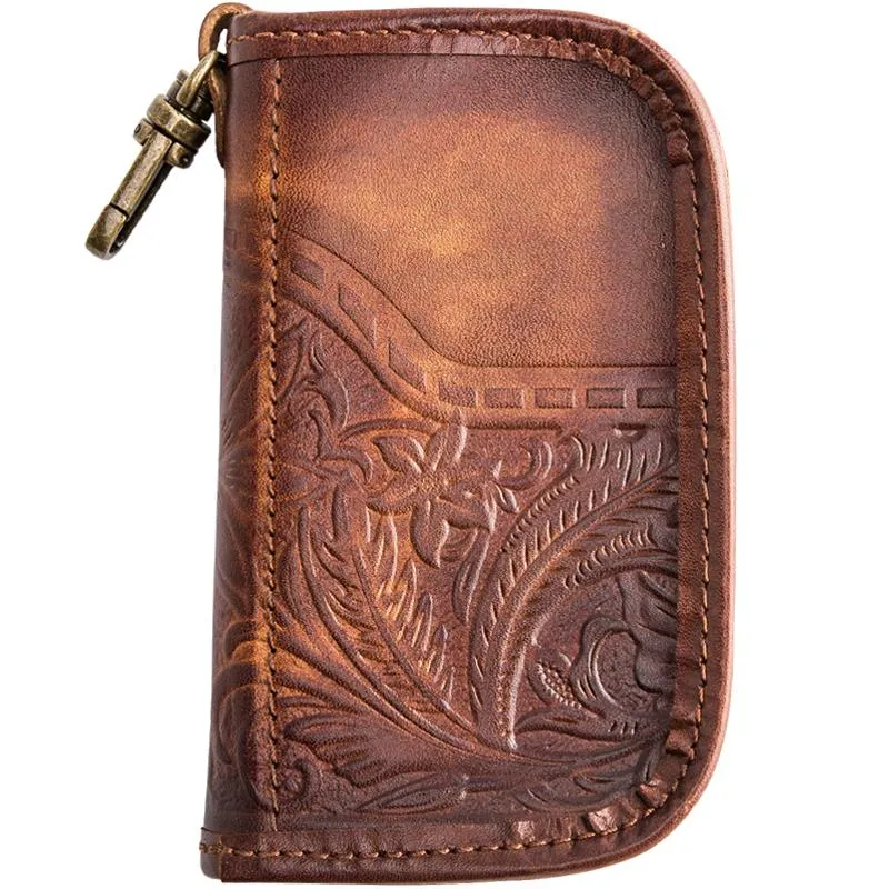 Black Handmade Leather Mens Small Car Key Wallet Dark Brown Key Holder Coin Purse Card Holder For Men