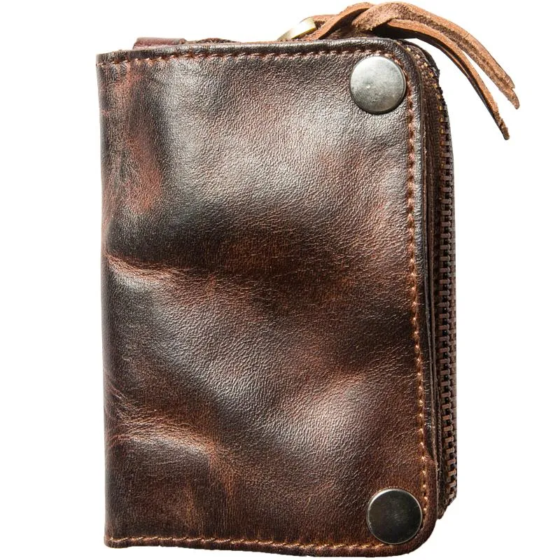 Black Handmade Leather Mens Small Car Key Wallet Dark Brown Key Holder Coin Purse Card Holder For Men