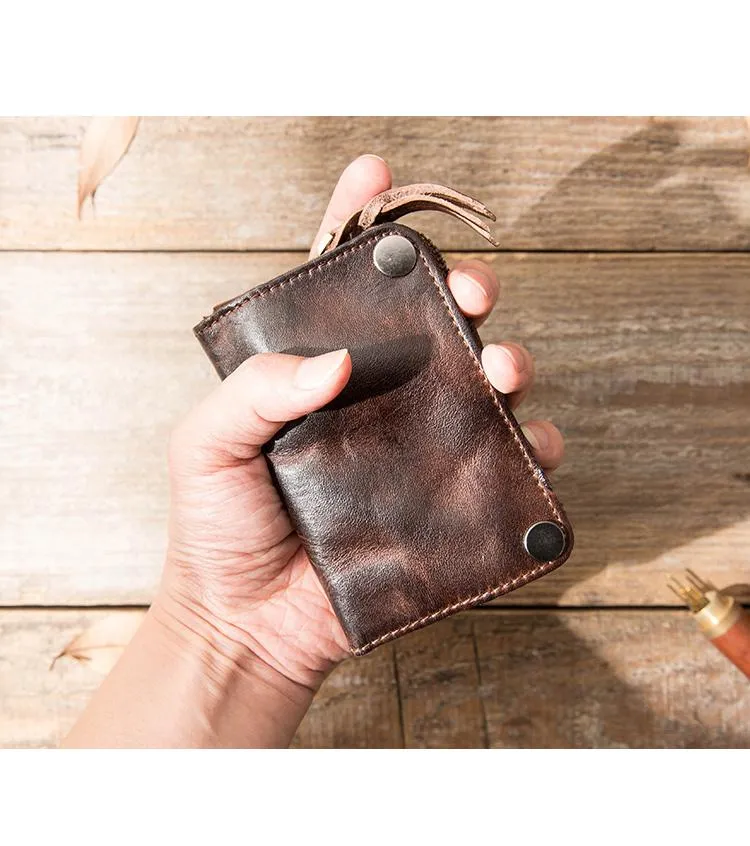 Black Handmade Leather Mens Small Car Key Wallet Dark Brown Key Holder Coin Purse Card Holder For Men