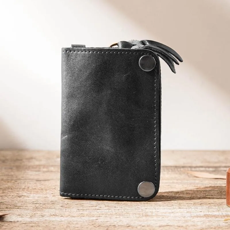 Black Handmade Leather Mens Small Car Key Wallet Dark Brown Key Holder Coin Purse Card Holder For Men