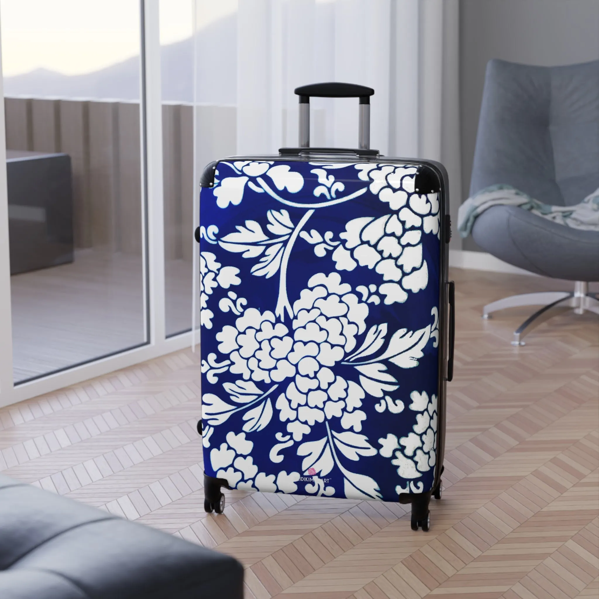 Blue Floral Print Suitcase, Abstract Print Designer Suitcases, Travel Bag Suitcases (Small, Medium, Large)