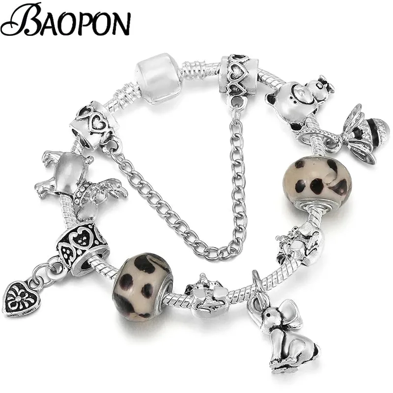 Cartoon Style Silver Color Charm  With Elephant, Bees Pendant Bracelets For Women