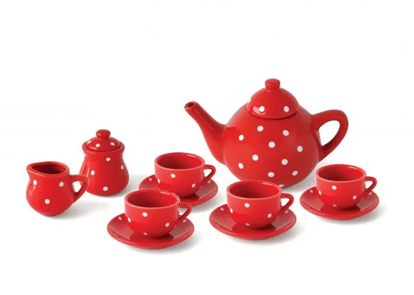 Ceramic Tea Set in Basket Red Polka Dot