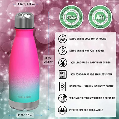 CHILLOUT LIFE Stainless Steel Water Bottle for Kids School: 12 oz Double Wall Insulated Cola Bottle Shape