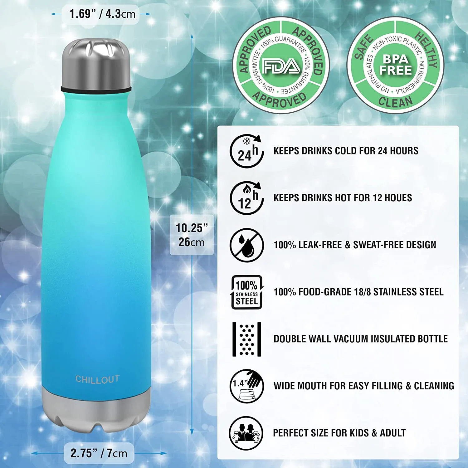 CHILLOUT LIFE Stainless Steel Water Bottle for Kids School and Adults: 17oz Double Wall Insulated Cola Bottle Shape