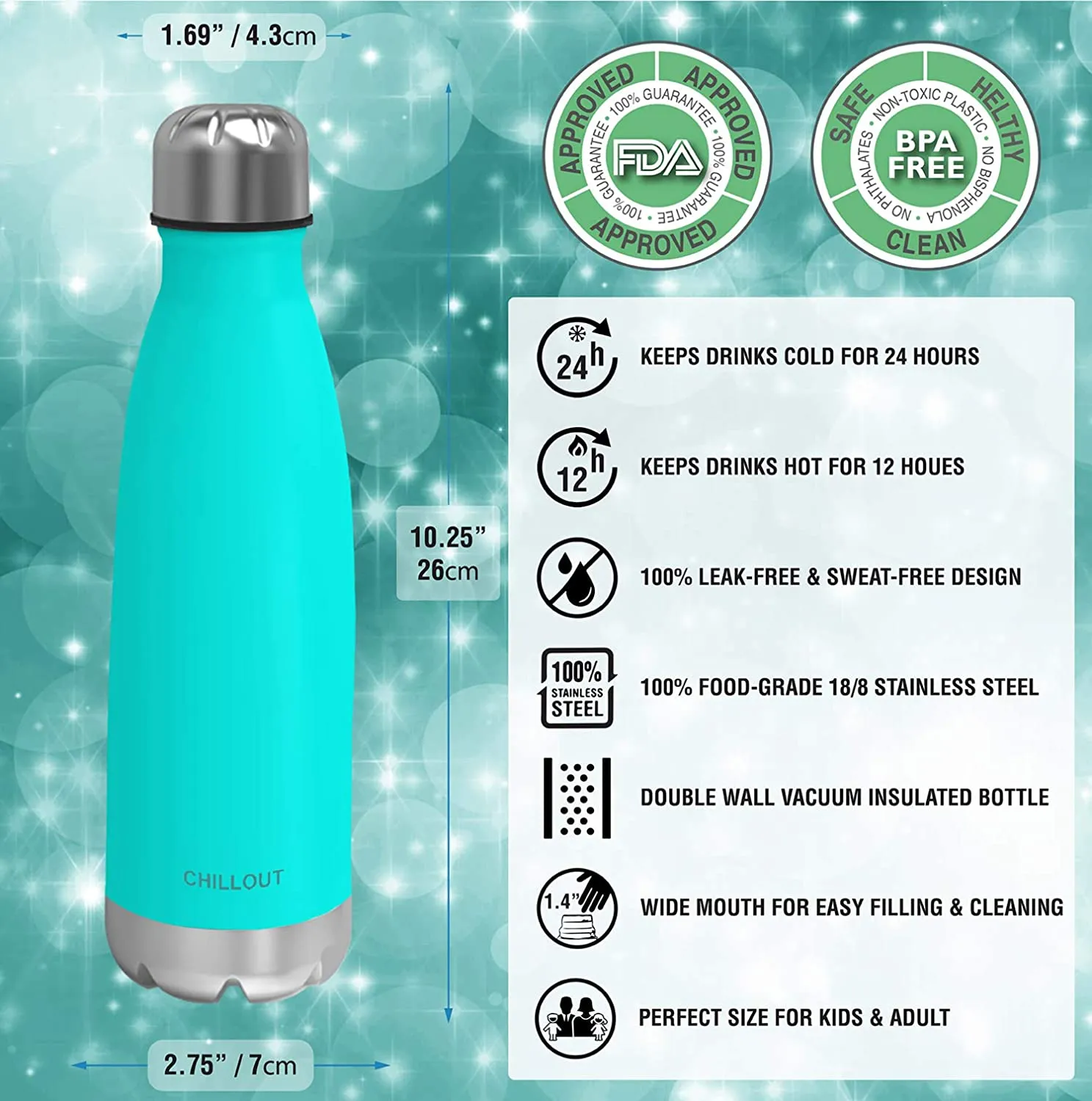 CHILLOUT LIFE Stainless Steel Water Bottle for Kids School and Adults: 17oz Double Wall Insulated Cola Bottle Shape