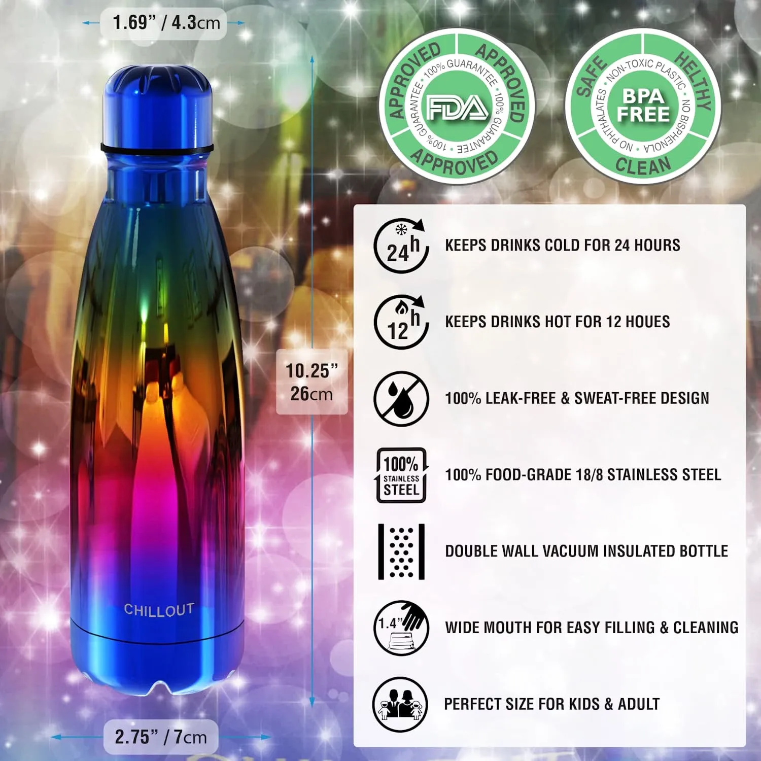 CHILLOUT LIFE Stainless Steel Water Bottle for Kids School and Adults: 17oz Double Wall Insulated Cola Bottle Shape