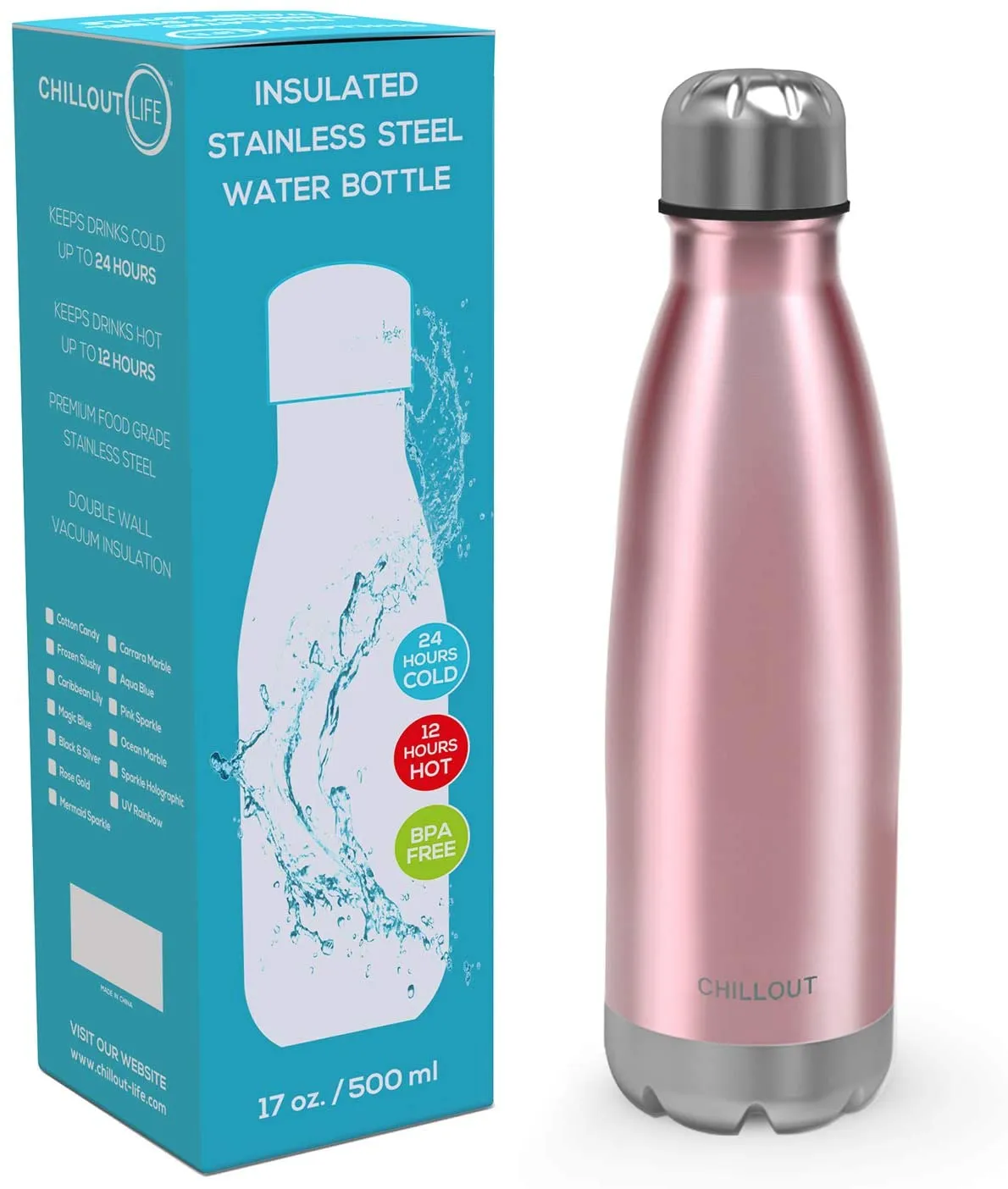 CHILLOUT LIFE Stainless Steel Water Bottle for Kids School and Adults: 17oz Double Wall Insulated Cola Bottle Shape