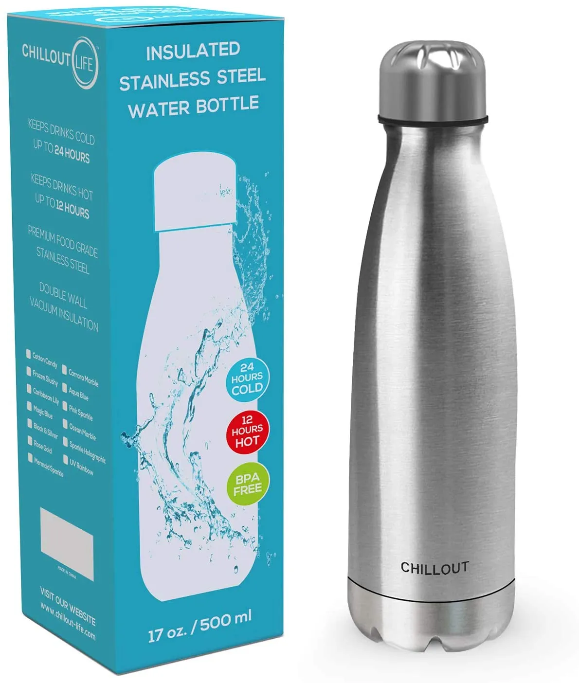 CHILLOUT LIFE Stainless Steel Water Bottle for Kids School and Adults: 17oz Double Wall Insulated Cola Bottle Shape