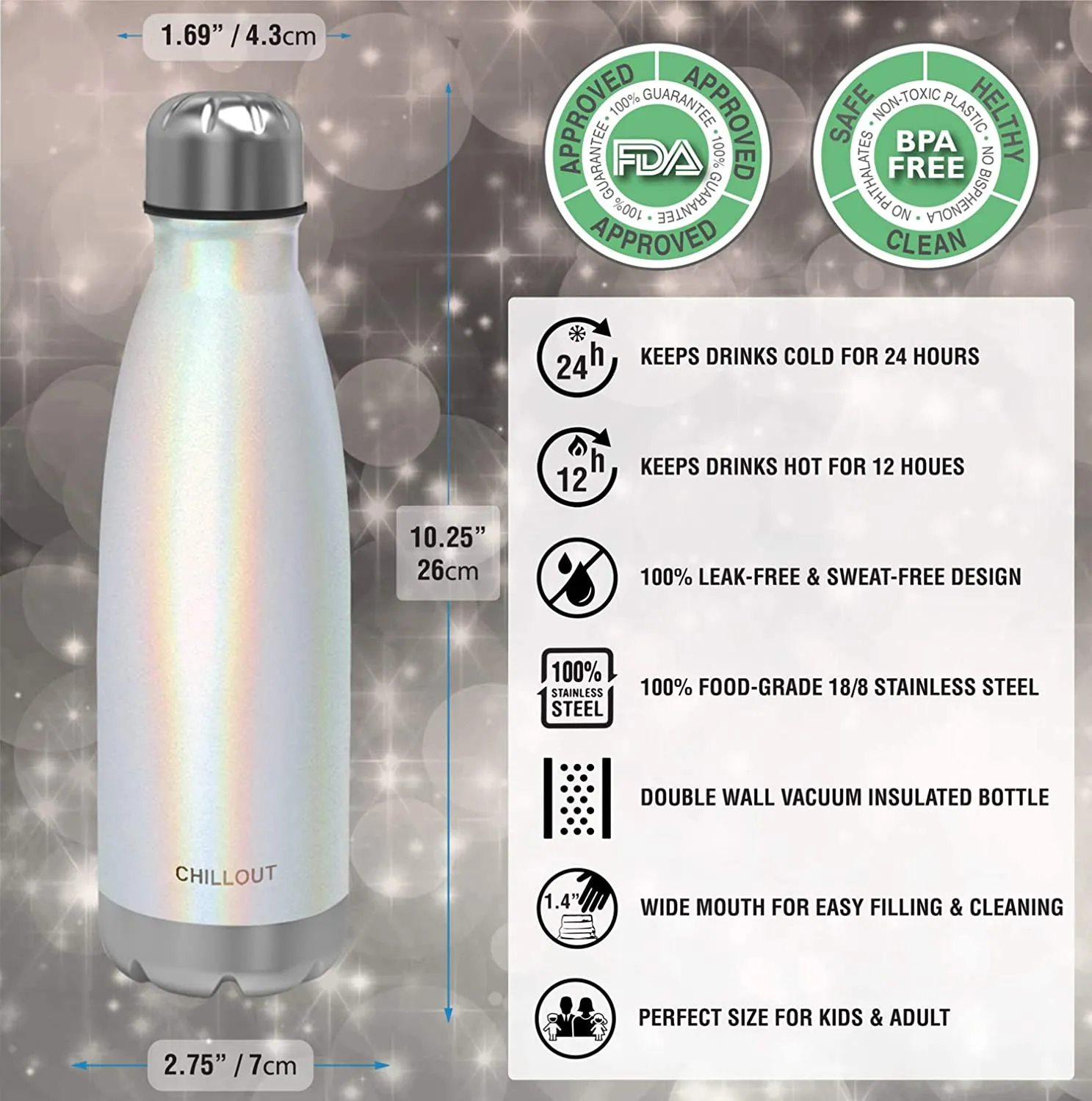 CHILLOUT LIFE Stainless Steel Water Bottle for Kids School and Adults: 17oz Double Wall Insulated Cola Bottle Shape