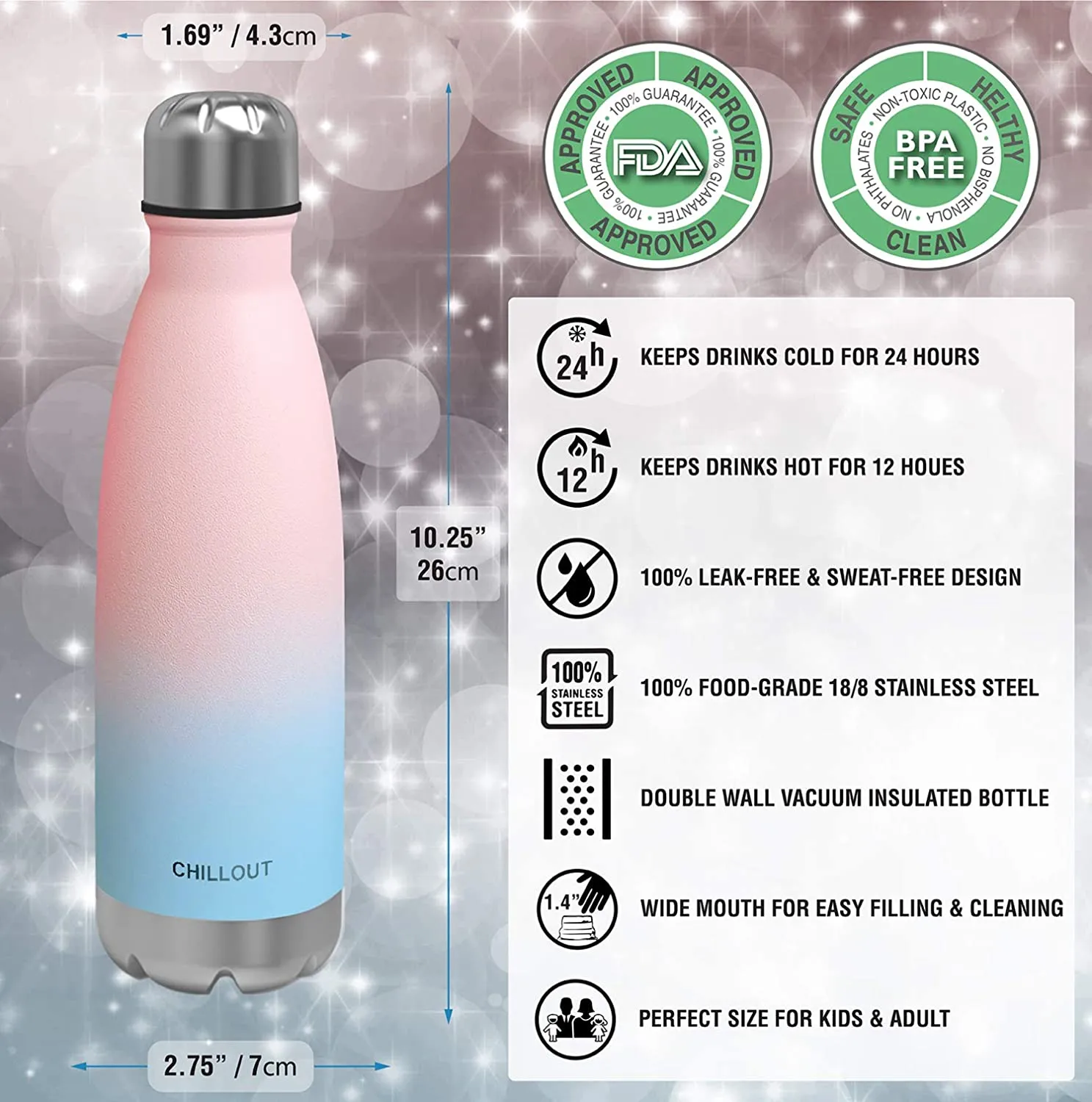 CHILLOUT LIFE Stainless Steel Water Bottle for Kids School and Adults: 17oz Double Wall Insulated Cola Bottle Shape