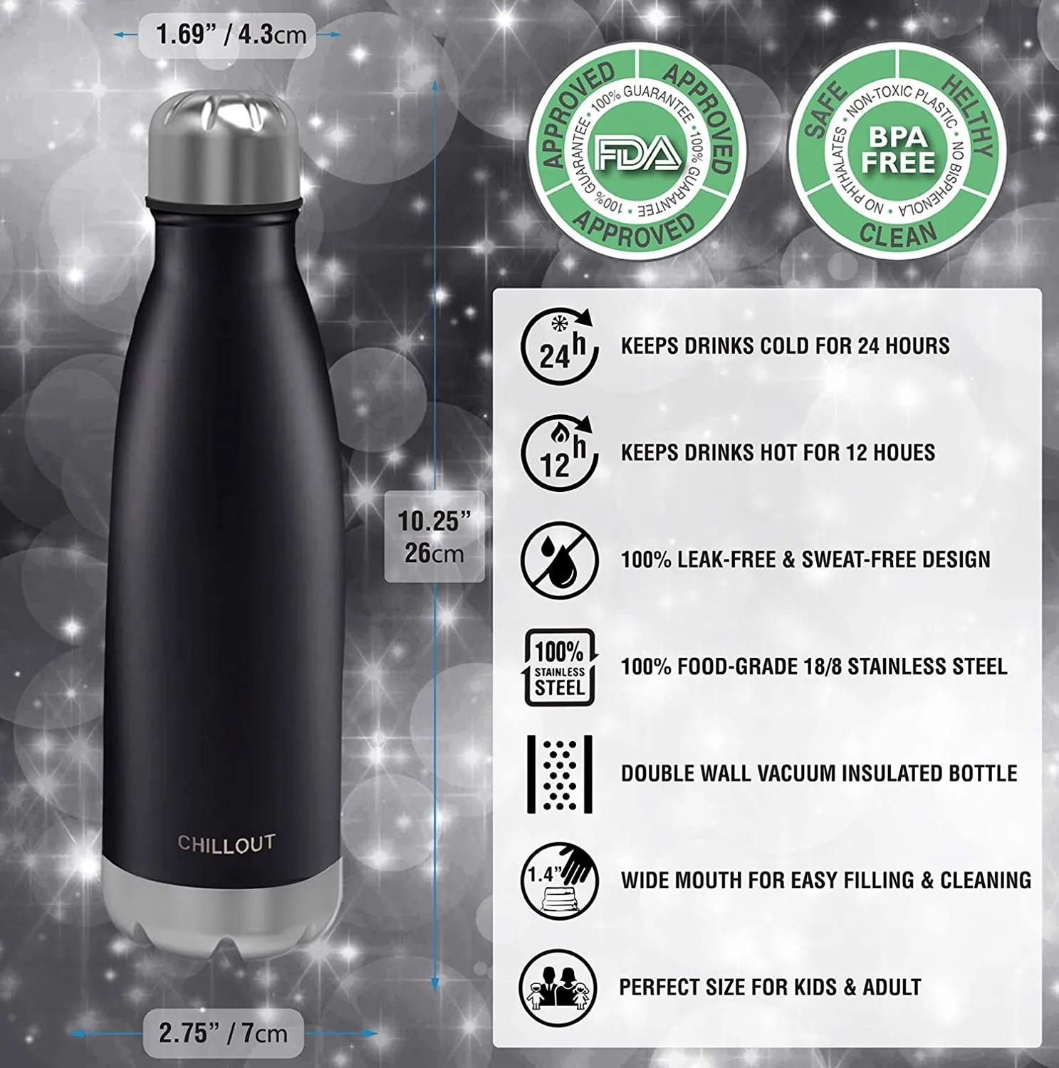 CHILLOUT LIFE Stainless Steel Water Bottle for Kids School and Adults: 17oz Double Wall Insulated Cola Bottle Shape