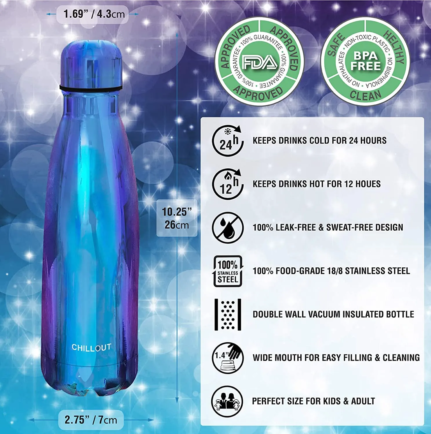 CHILLOUT LIFE Stainless Steel Water Bottle for Kids School and Adults: 17oz Double Wall Insulated Cola Bottle Shape